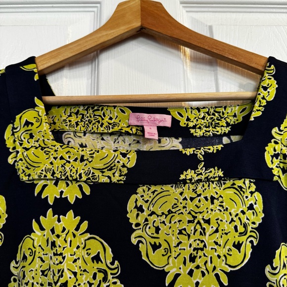 Lilly Pulitzer 100% Silk Shift Dress Navy Green Medallion 3/4 Sleeve Size 6 - Picture 7 of 13